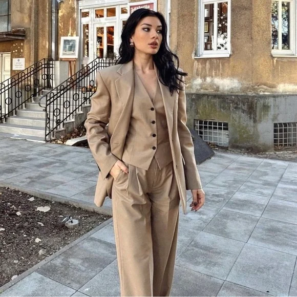 Zara pleated wide leg trouser pant tan - Picture 8 of 9